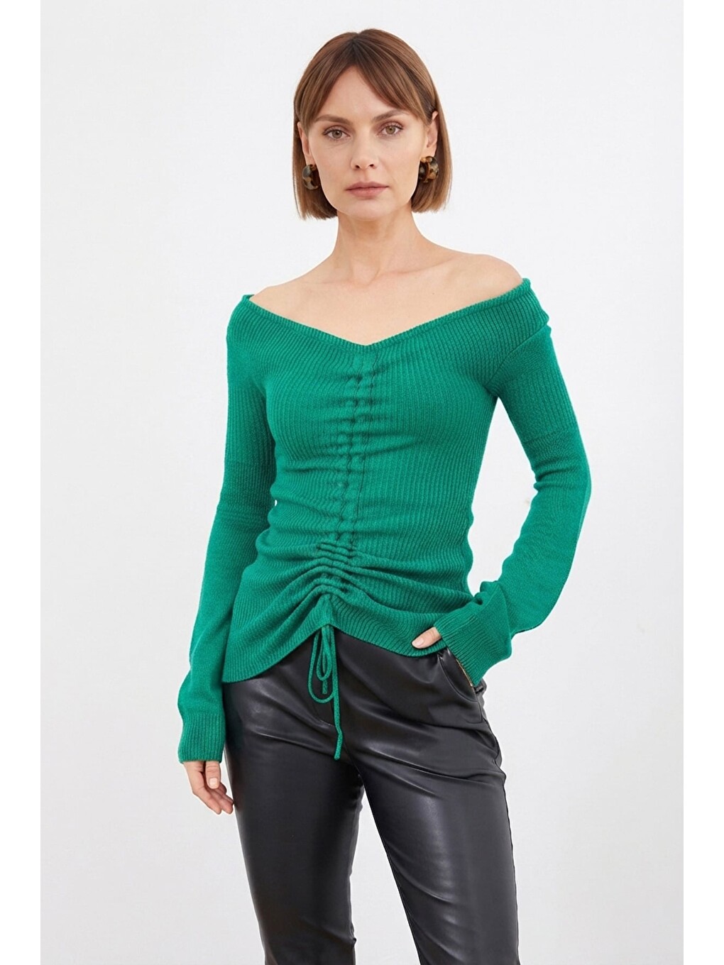 Yeşil Kayık Yaka Slim Fit Triko Kazak-1