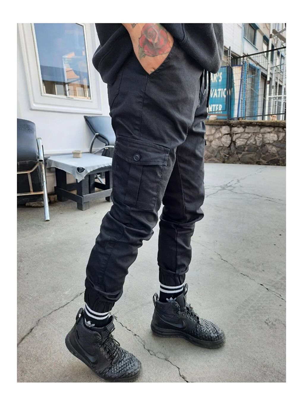 Siyah Slim Fit None Denim Yandan Cepli Bel Bağcıklı, Paçaları Lastikli Erkek Kargo Pantolon