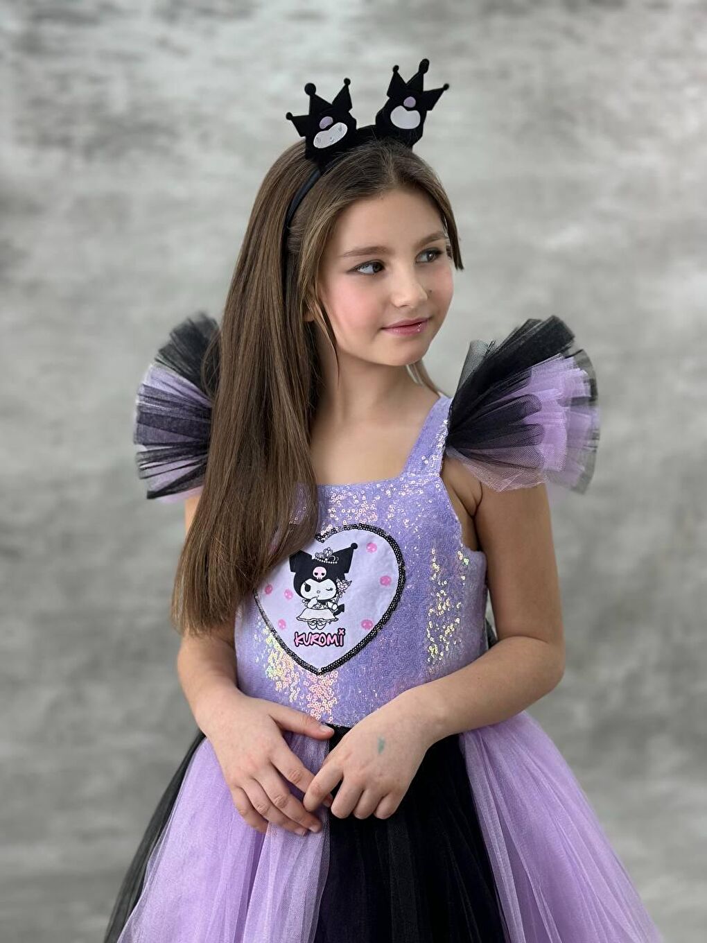 Karışık Kız Çocuk Pamuklu Lila-Siyah Karakter Aplikeli Payetli Tüllü Elbise - Kat Kat Prenses Model-1
