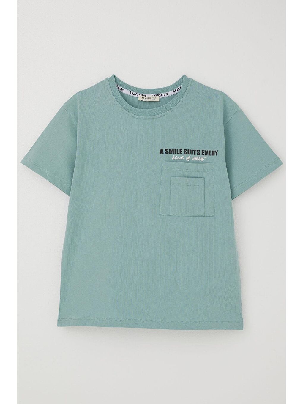 Turkuaz Erkek Çocuk Tişört Çift Cep Detaylı Kabartma Yazı Baskılı Su Yeşili (8-9 Yaş)