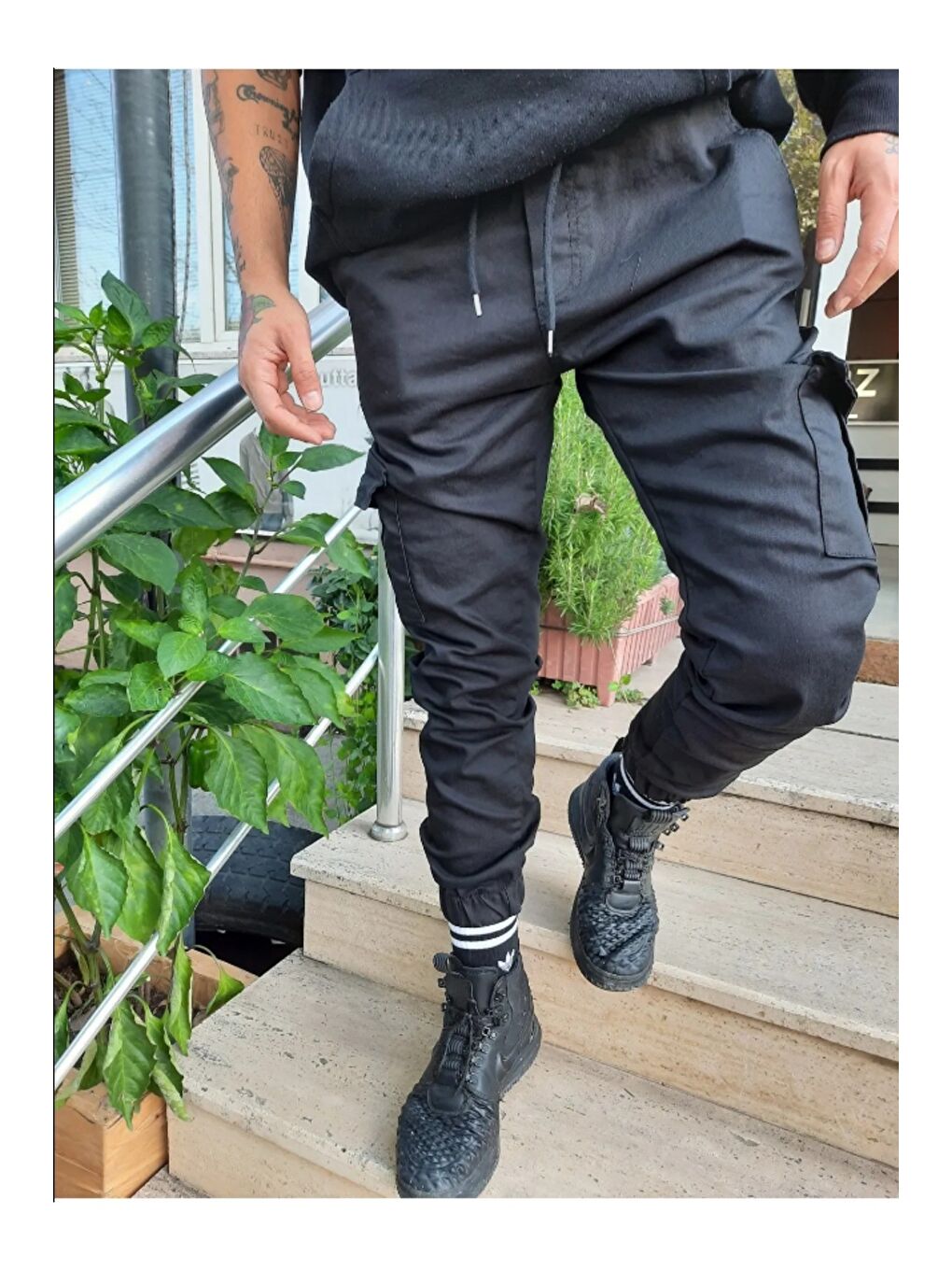 Siyah Slim Fit None Denim Yandan Cepli Bel Bağcıklı, Paçaları Lastikli Erkek Kargo Pantolon-1