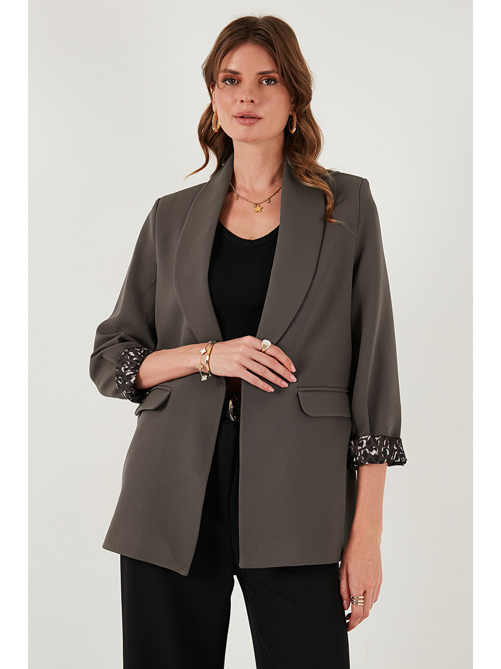 Kahverengi Regular Fit Klasik Yaka Desenli Astar Detaylı Blazer Ceket 6839227-1