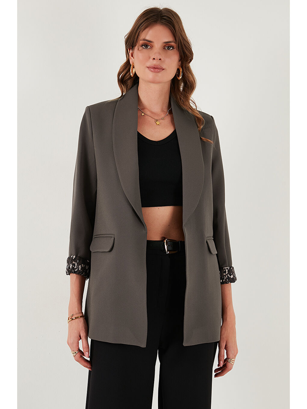 Kahverengi Regular Fit Klasik Yaka Desenli Astar Detaylı Blazer Ceket 6839227-2