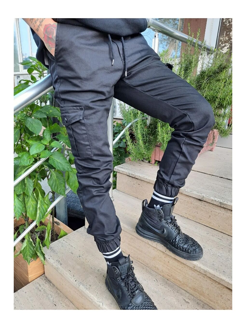 Siyah Slim Fit None Denim Yandan Cepli Bel Bağcıklı, Paçaları Lastikli Erkek Kargo Pantolon-2