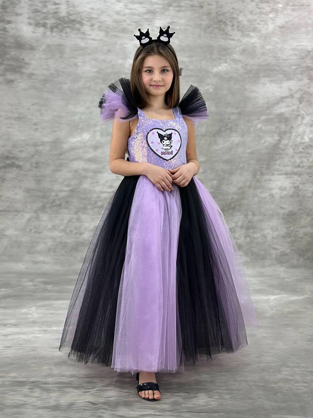 Karışık Kız Çocuk Pamuklu Lila-Siyah Karakter Aplikeli Payetli Tüllü Elbise - Kat Kat Prenses Model-3