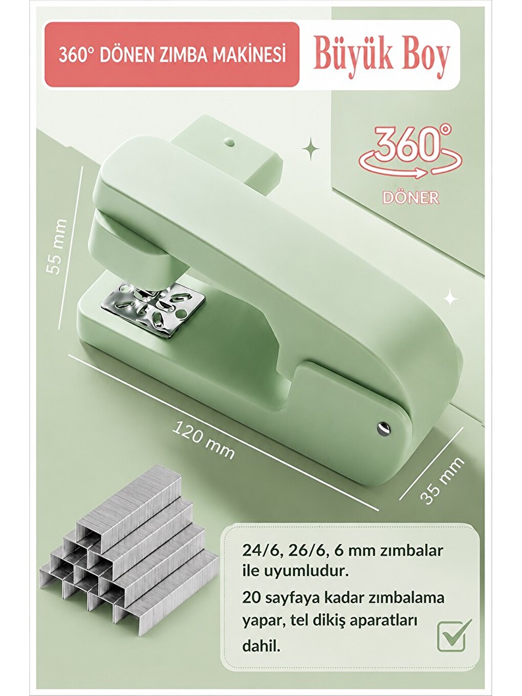Zımba Makinesi 24/6 1 Adet P-4550 Pastel Renkler Büyük Zımba Makinası Ve Teli 20 25 Sayfa D