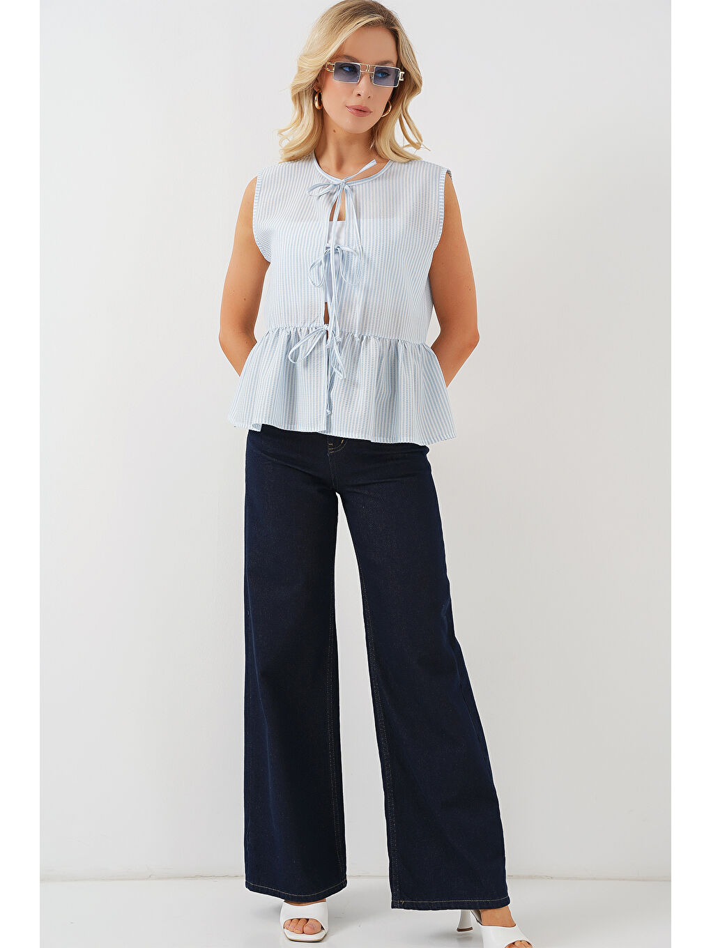 Kadın Önü Bağlamalı Bluz 961 - Mavi-1