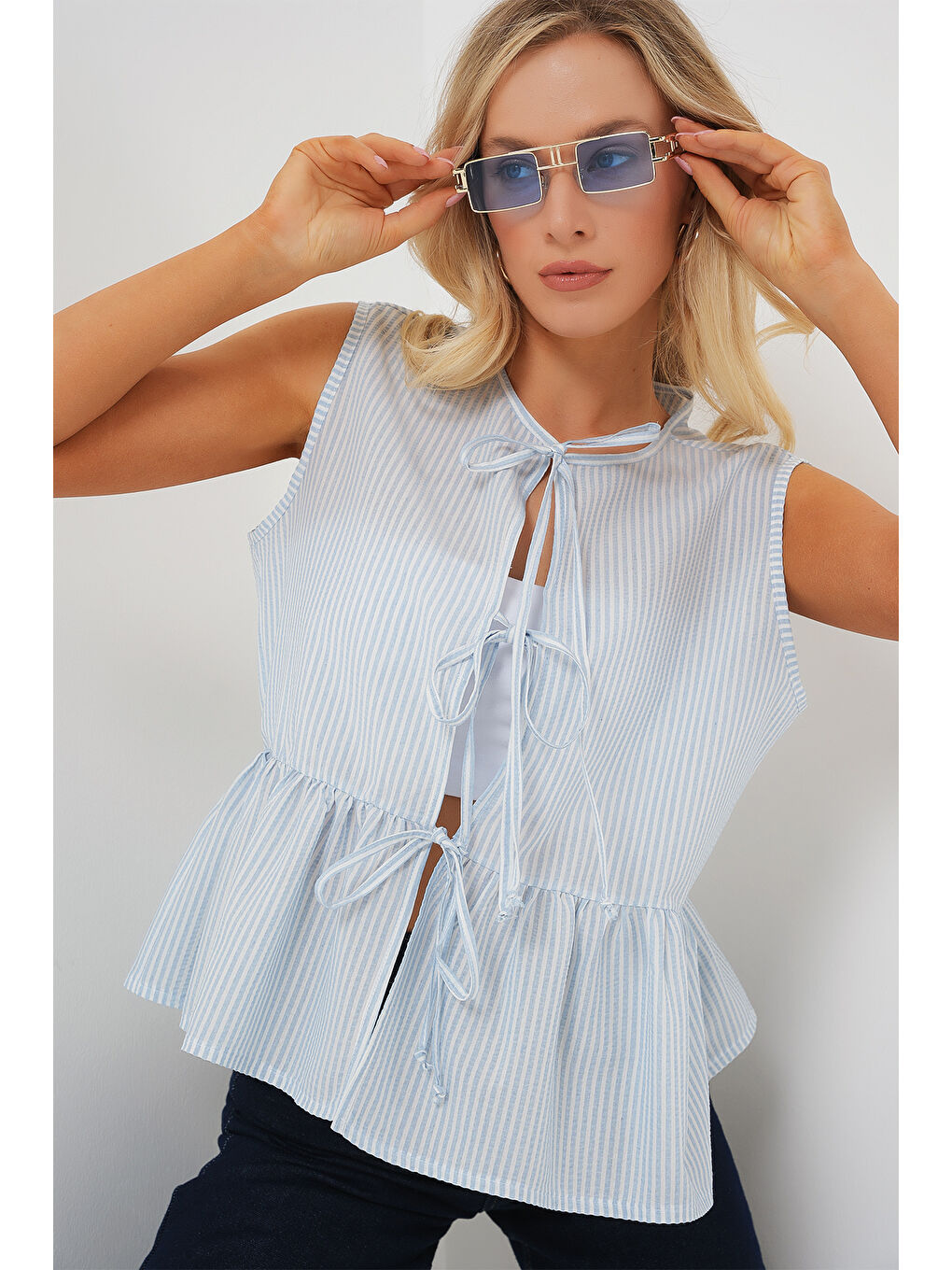 Kadın Önü Bağlamalı Bluz 961 - Mavi-2