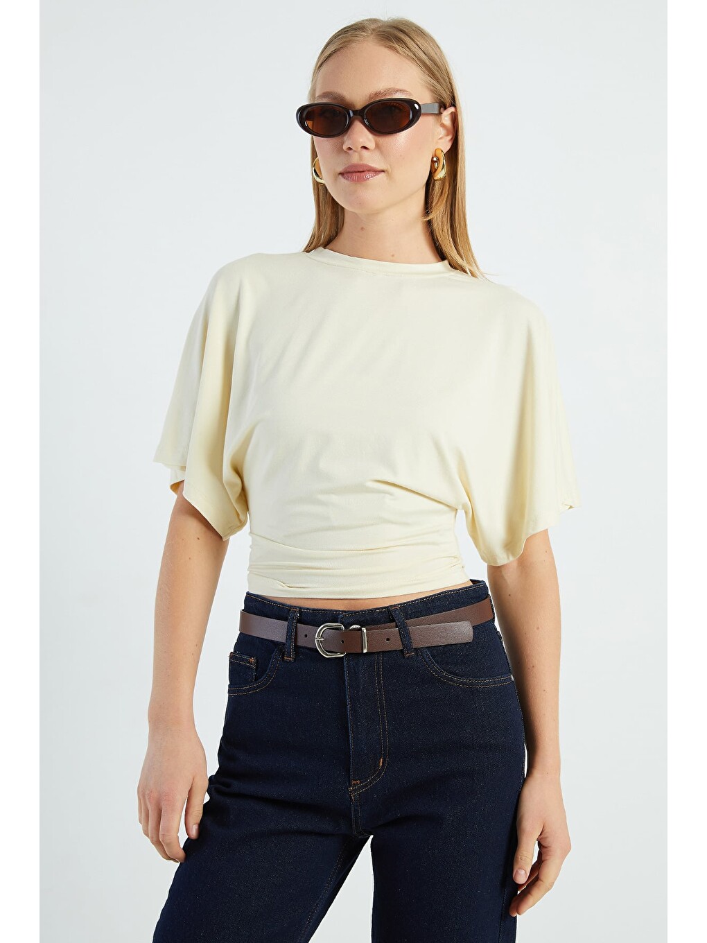 Sarı Yarasa Kol Bisiklet Yaka Crop Bluz-3