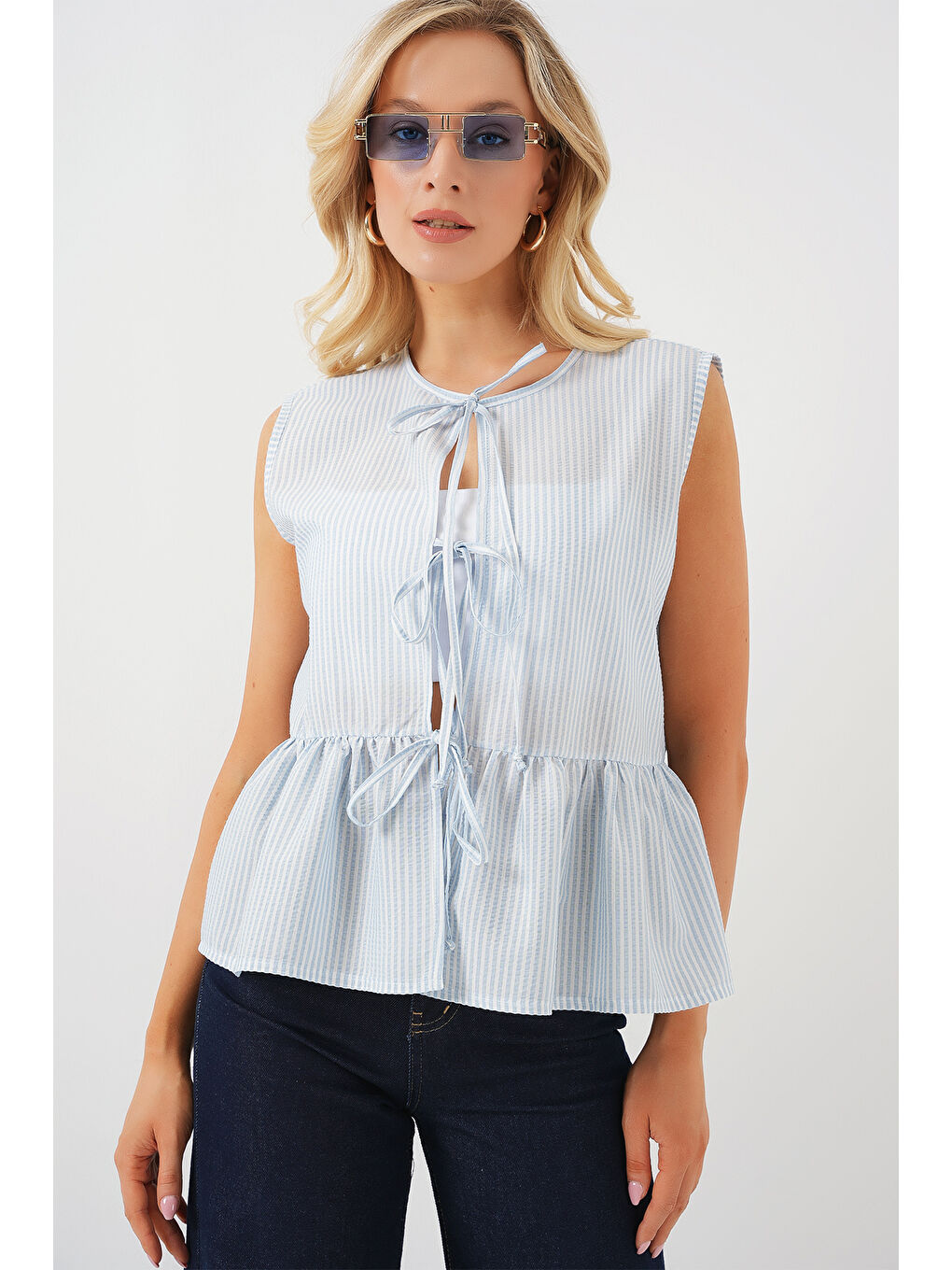 Kadın Önü Bağlamalı Bluz 961 - Mavi-3