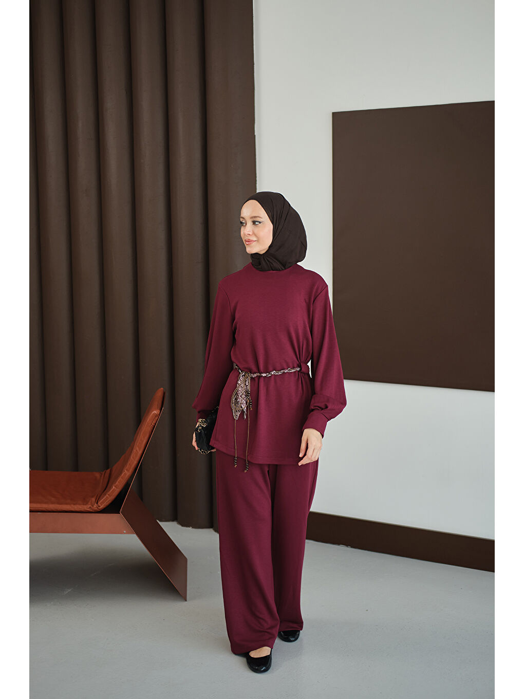 Kadın Kemeri Desenli Takım Bordo-1
