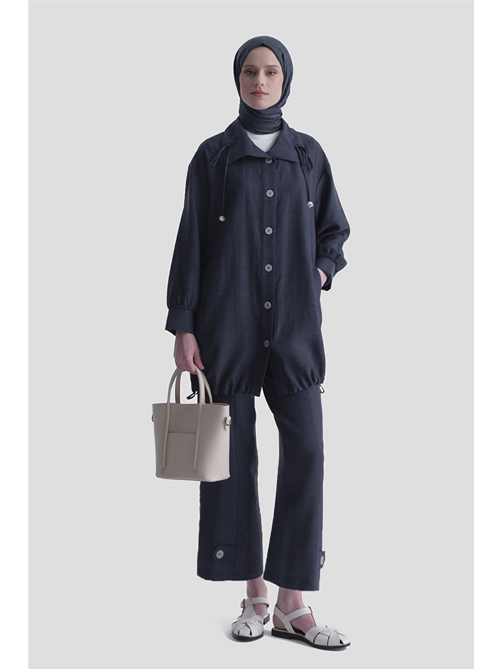 Düğme Detaylı Giyçık Takım İndigo