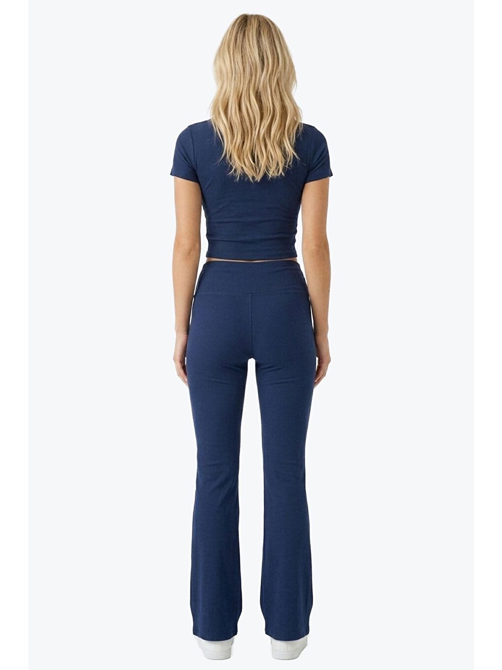 Lacivert Viskon Yüksek Bel Önü Büzgülü İspanyol Paça Kadın Pantolon Flared-1
