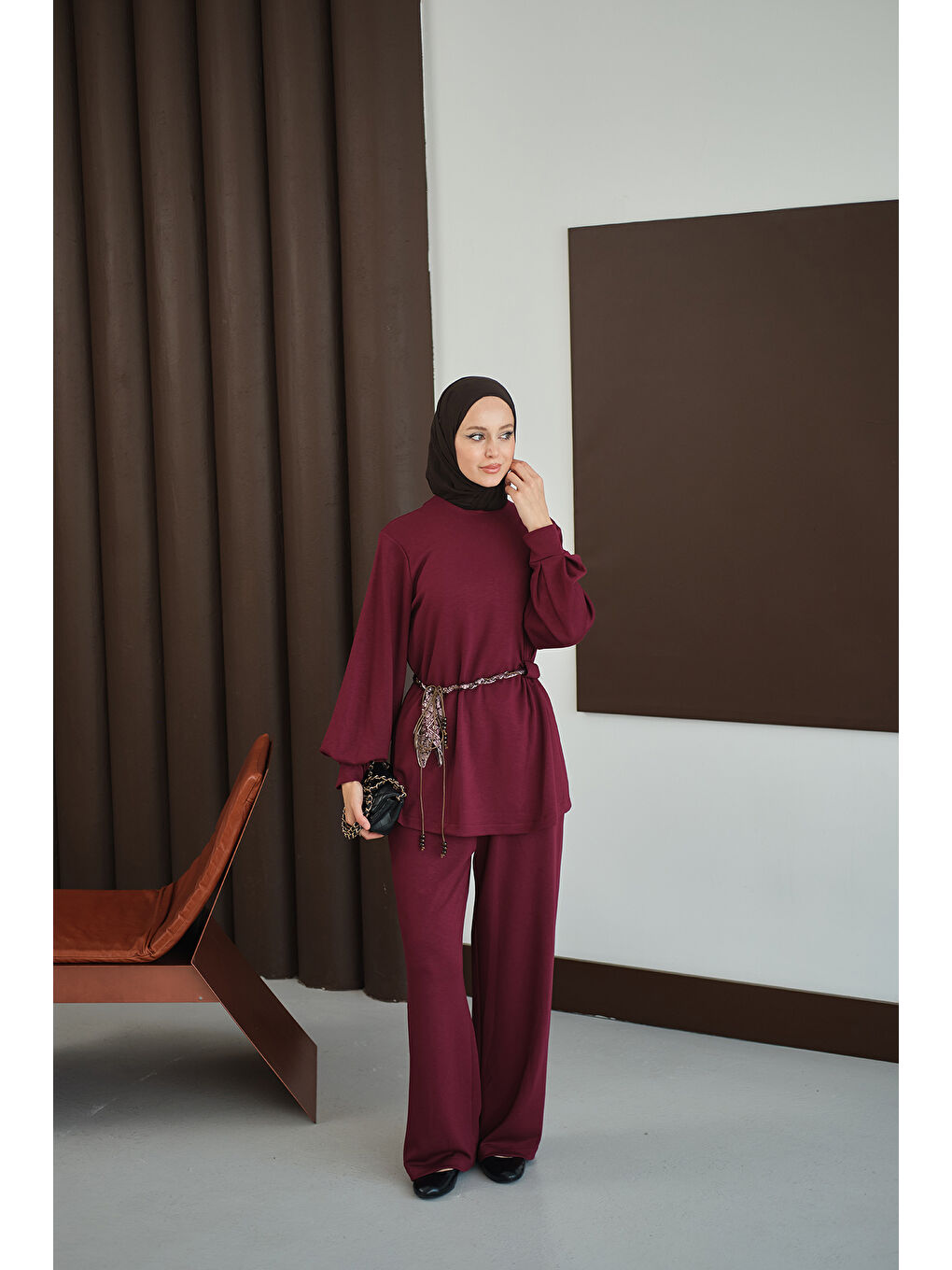 Kadın Kemeri Desenli Takım Bordo-3