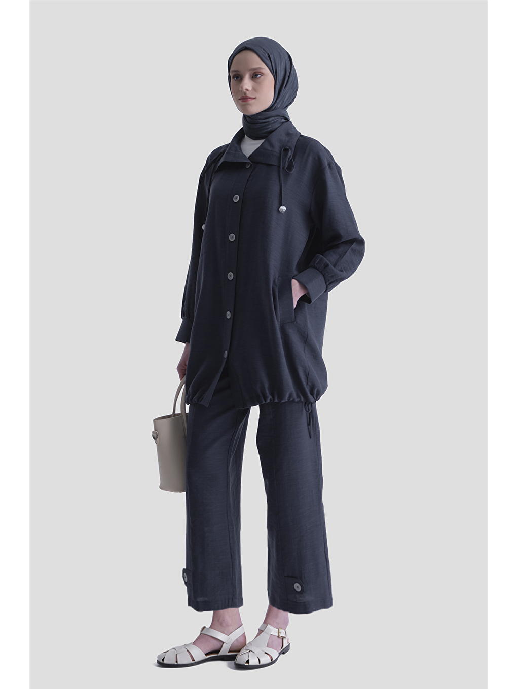 Düğme Detaylı Giyçık Takım İndigo-1