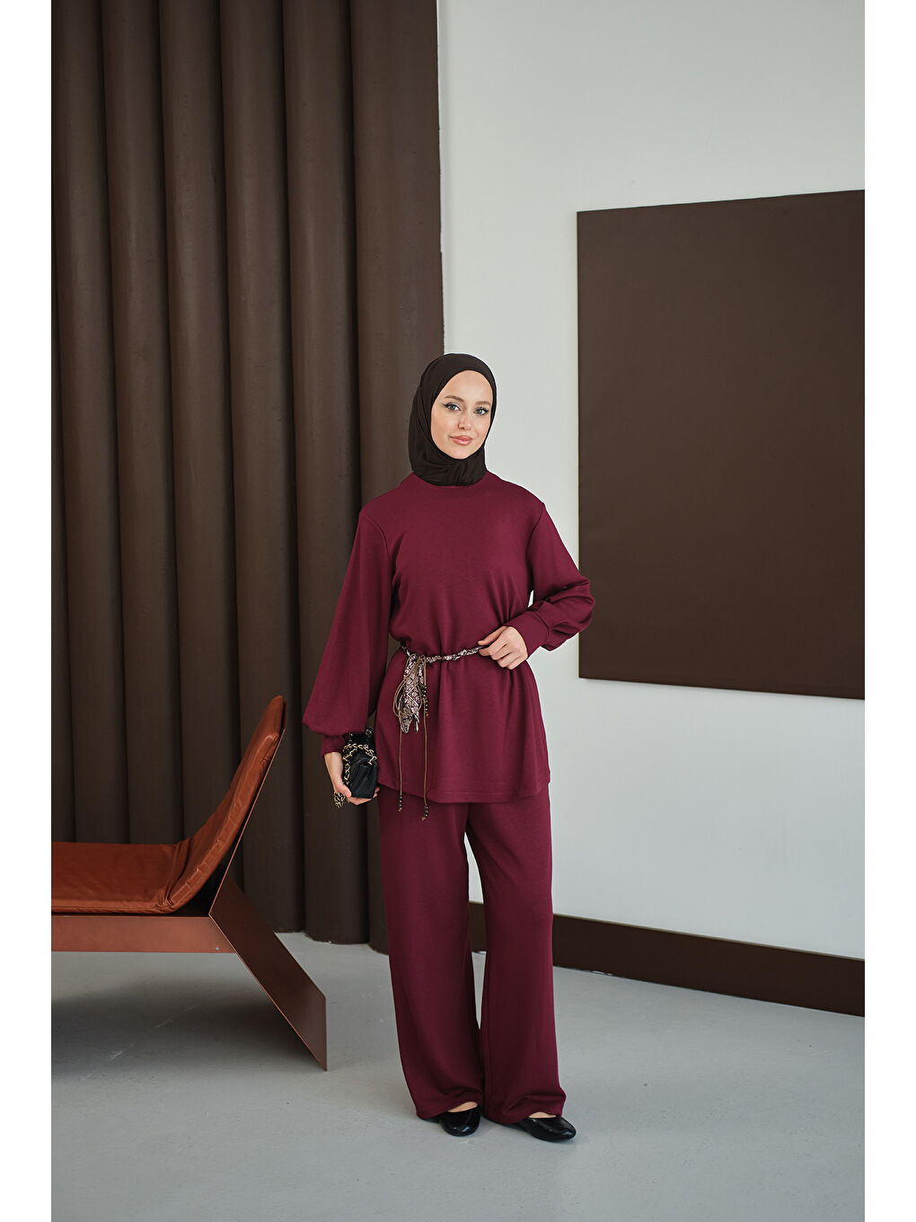 Kadın Kemeri Desenli Takım Bordo-4