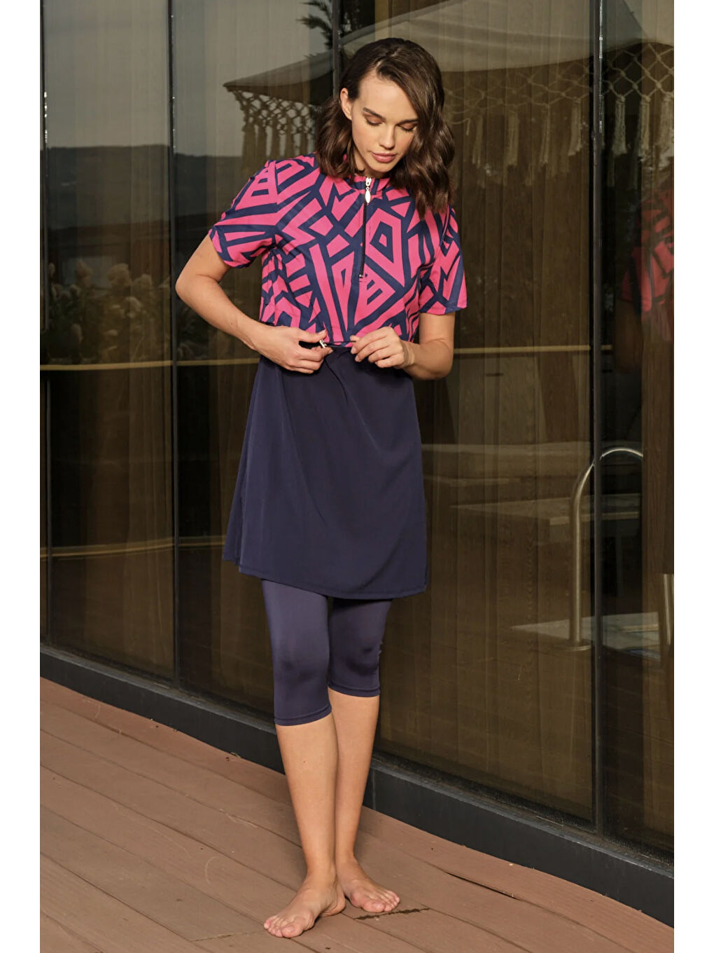 Spor Elastan Kısa Kollu Yarı Kapalı Mayo 3417 Lacivert Fuşya-1