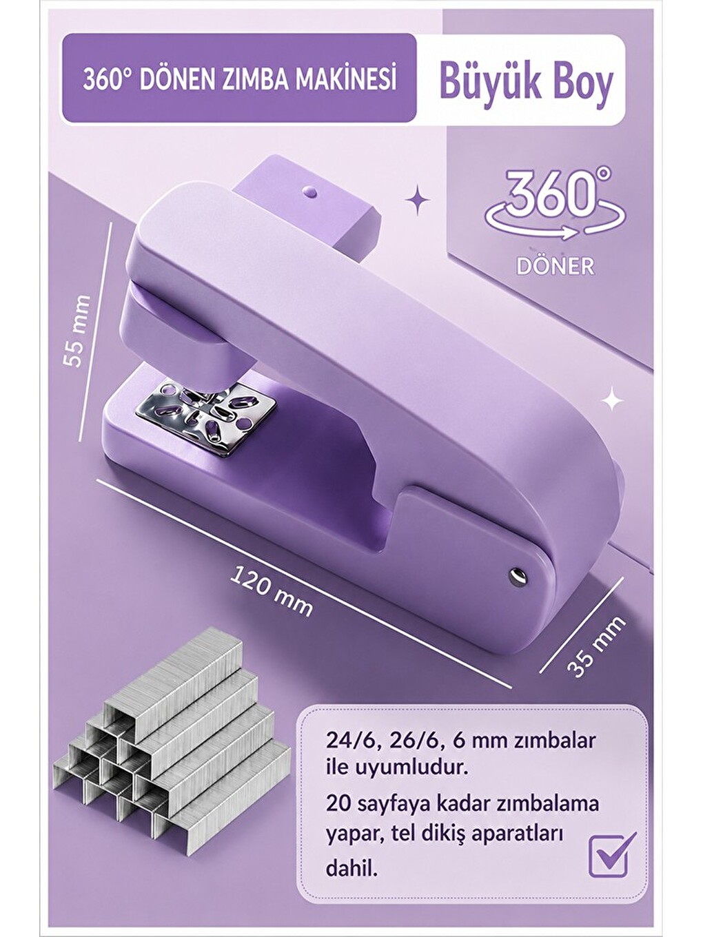Zımba Makinesi 24/6 1 Adet P-4550 Pastel Renkler Büyük Zımba Makinası Ve Teli 20 25 Sayfa D