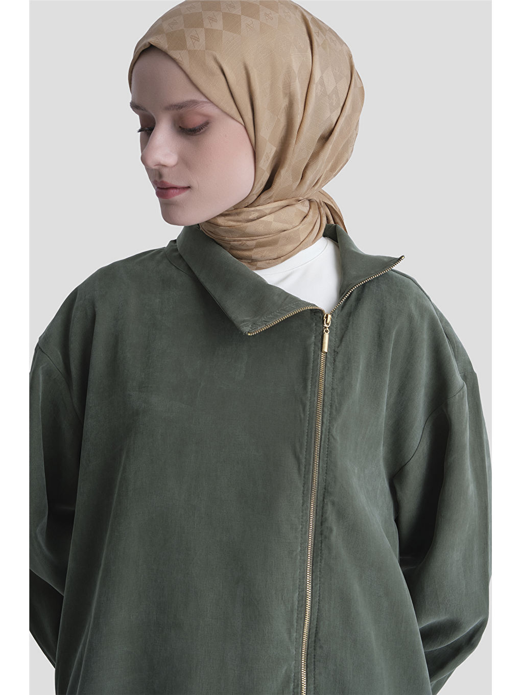 Fermuar Detaylı Lyocell Takım Haki-1