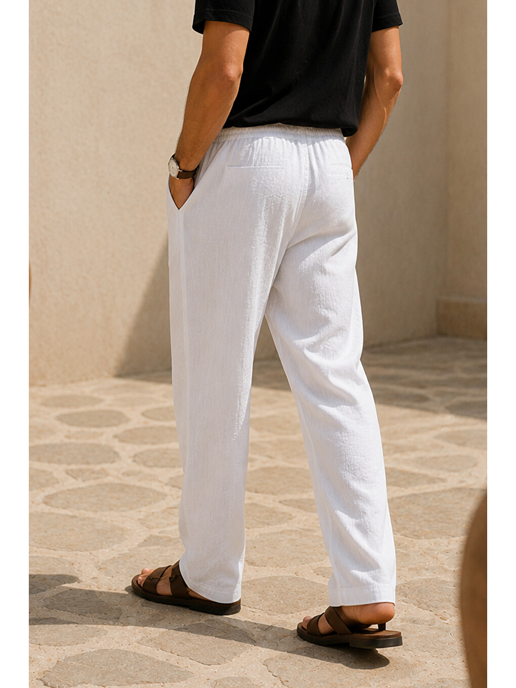 Erkek Beyaz Regular Fit Müslin Pantolon-1