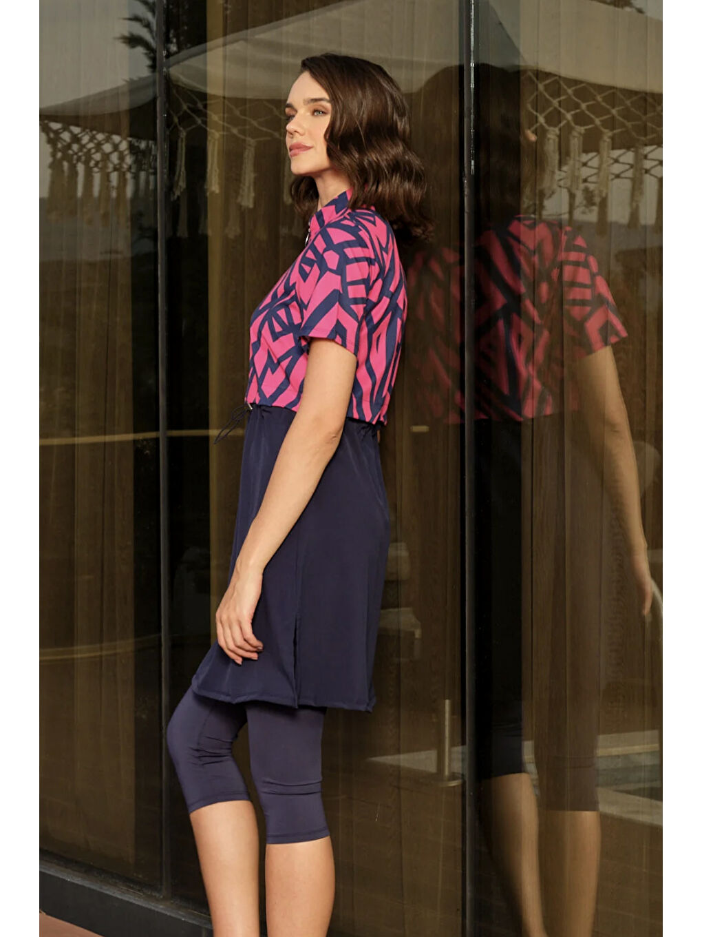 Spor Elastan Kısa Kollu Yarı Kapalı Mayo 3417 Lacivert Fuşya-2