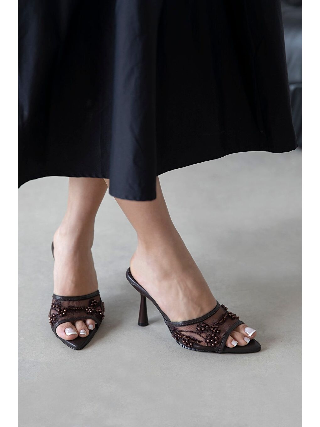 Kahverengi Karis Kadın File Detay Topuklu Terlik Kahve