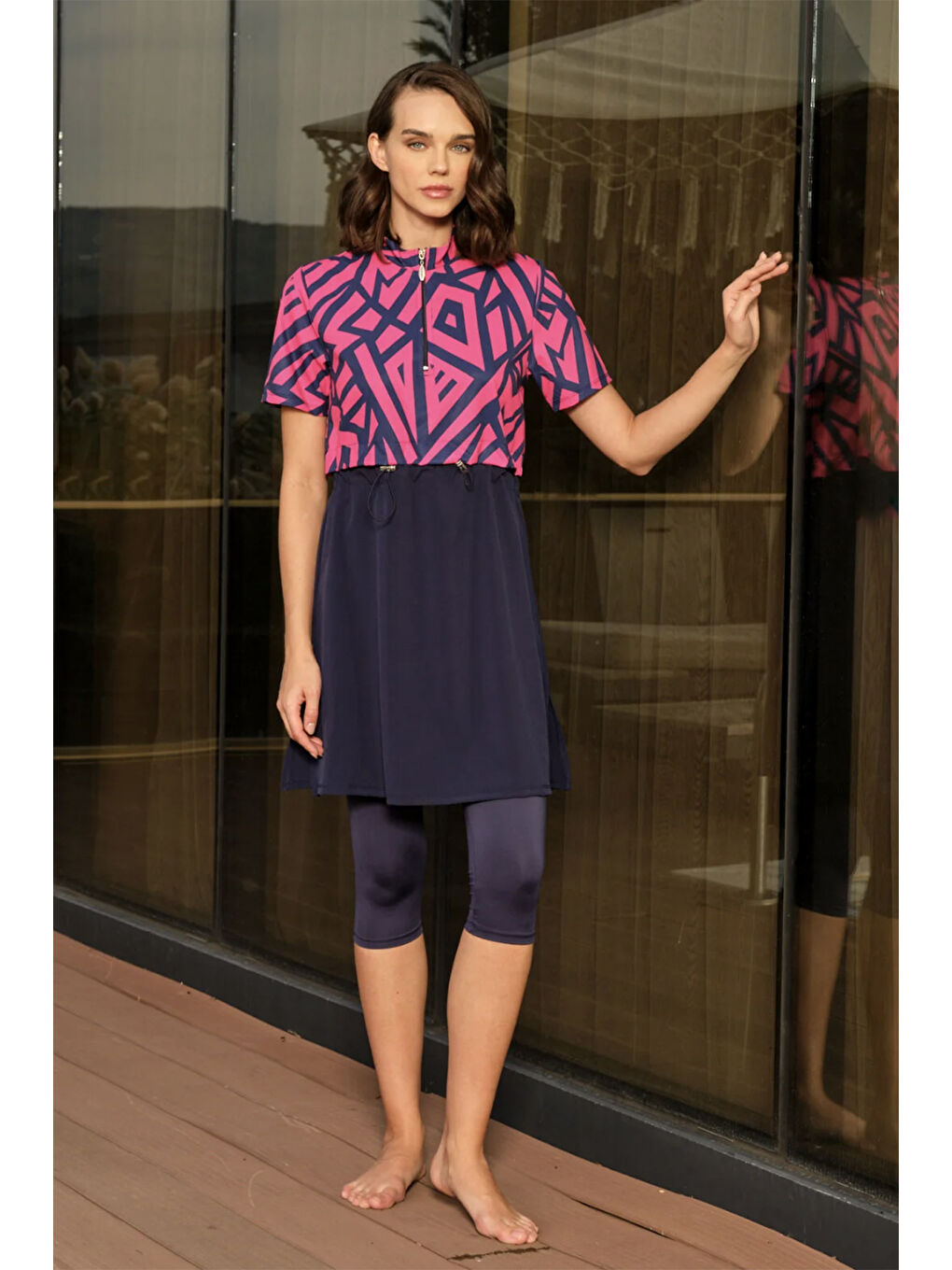 Spor Elastan Kısa Kollu Yarı Kapalı Mayo 3417 Lacivert Fuşya-3