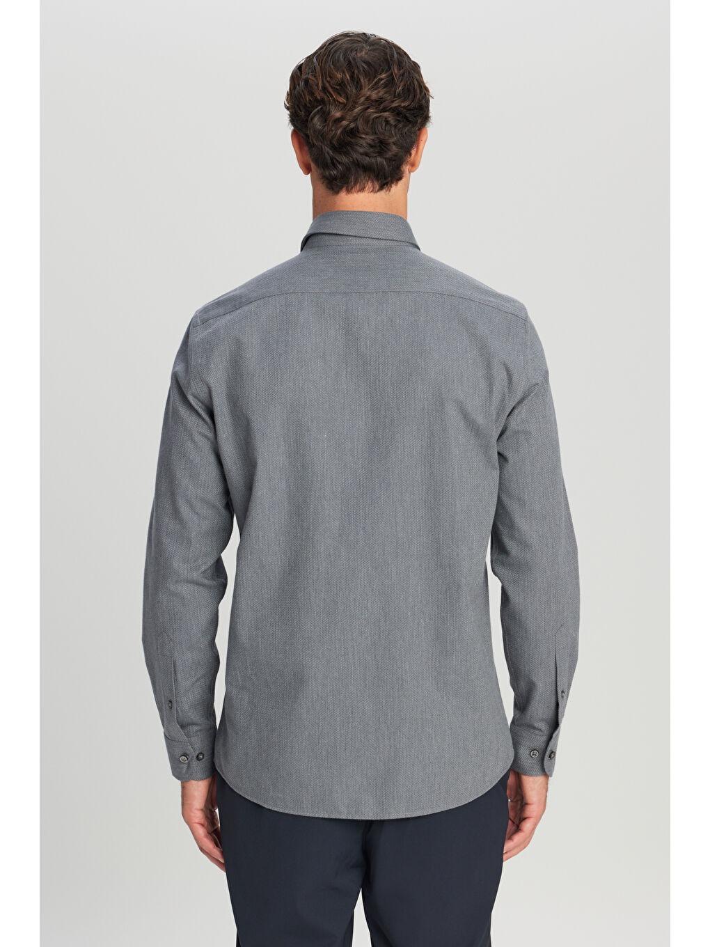 Erkek Gri %100 Pamuk Flanel Slim Fit Dar Kesim Gizli Düğmeli Yaka Desenli Gömlek-4