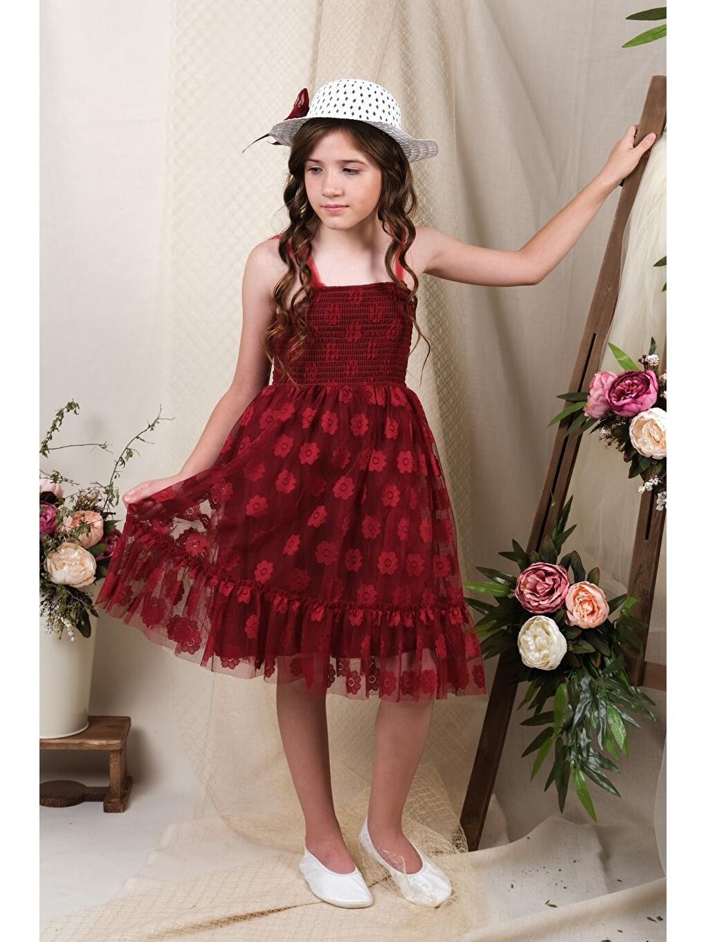 Bordo Şapkalı Gipeli Kız Elbise MNK0609-5