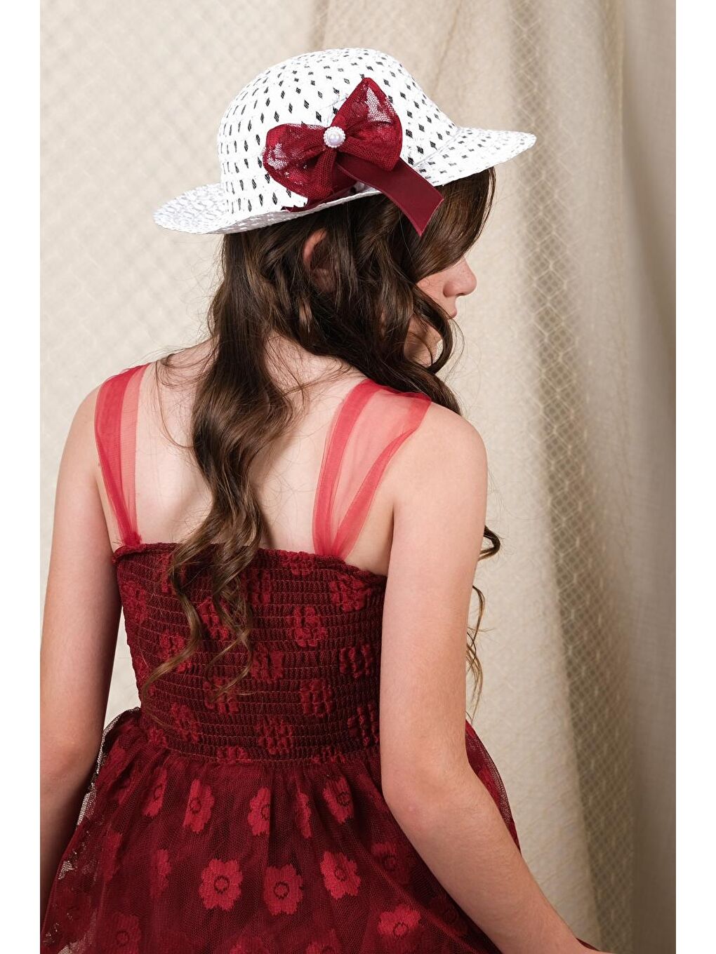 Bordo Şapkalı Gipeli Kız Elbise MNK0609-8