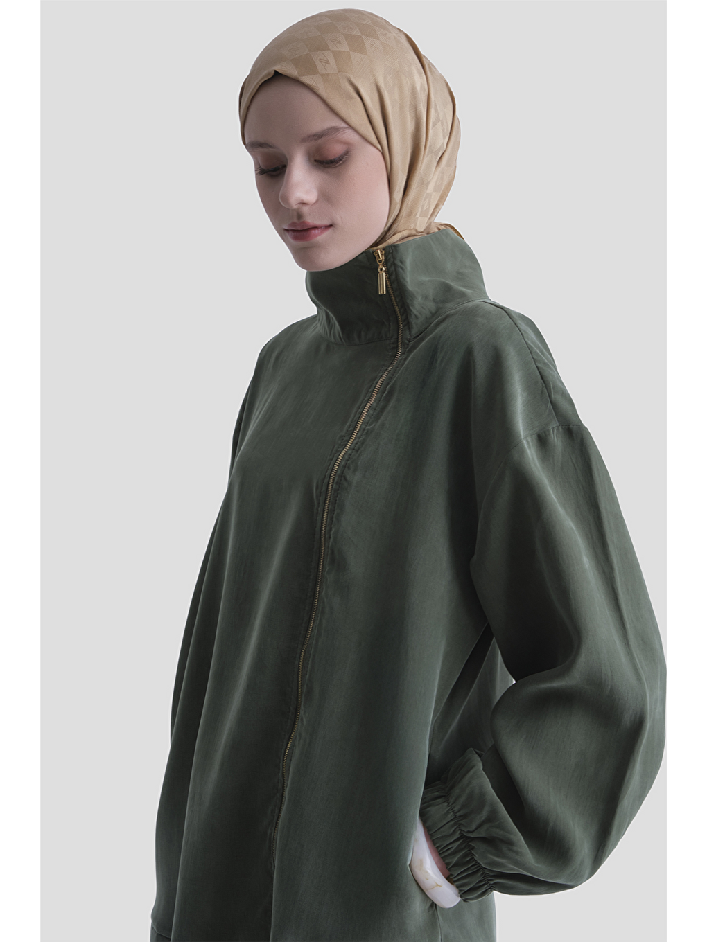 Fermuar Detaylı Lyocell Takım Haki-3