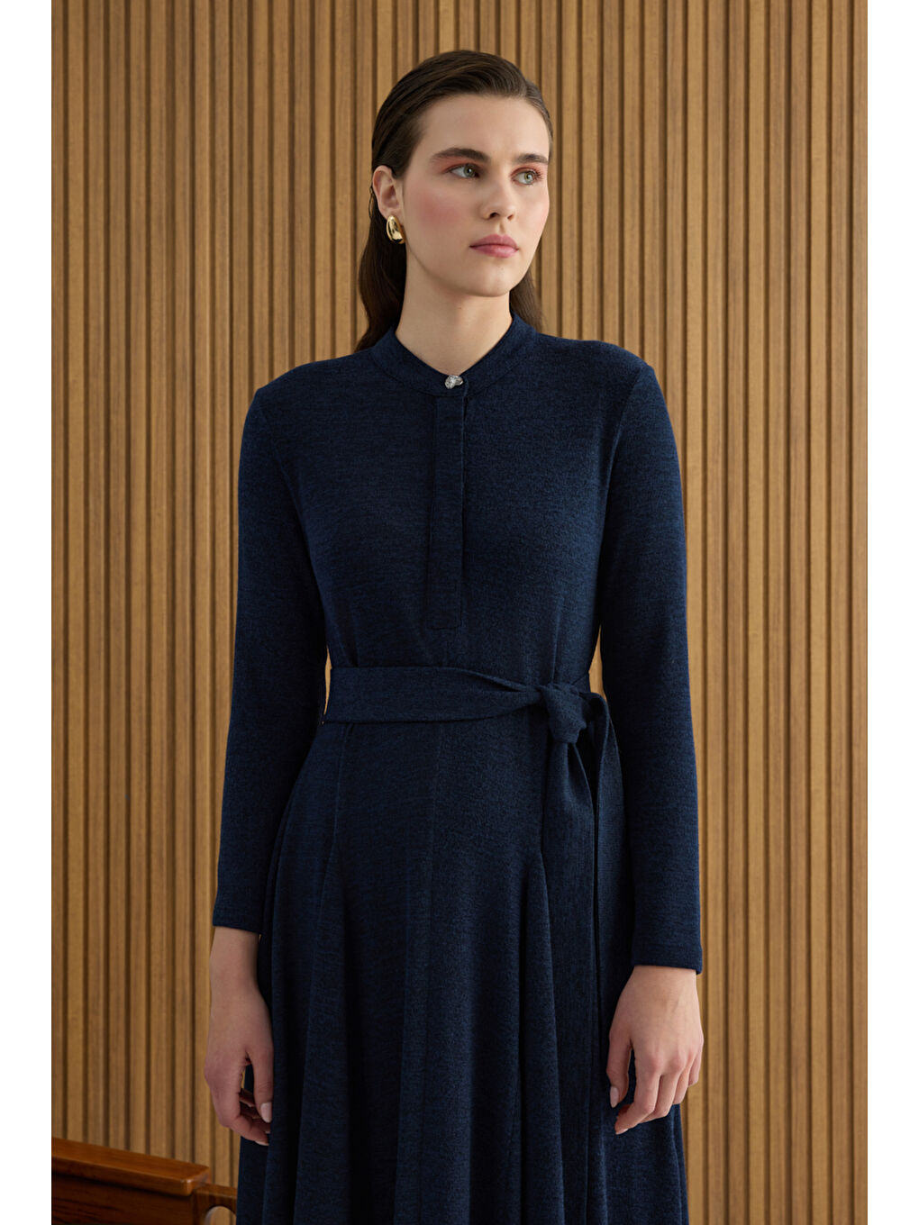 Lacivert Seyyar Kuşaklı ,Kloş Örme Elbise-3