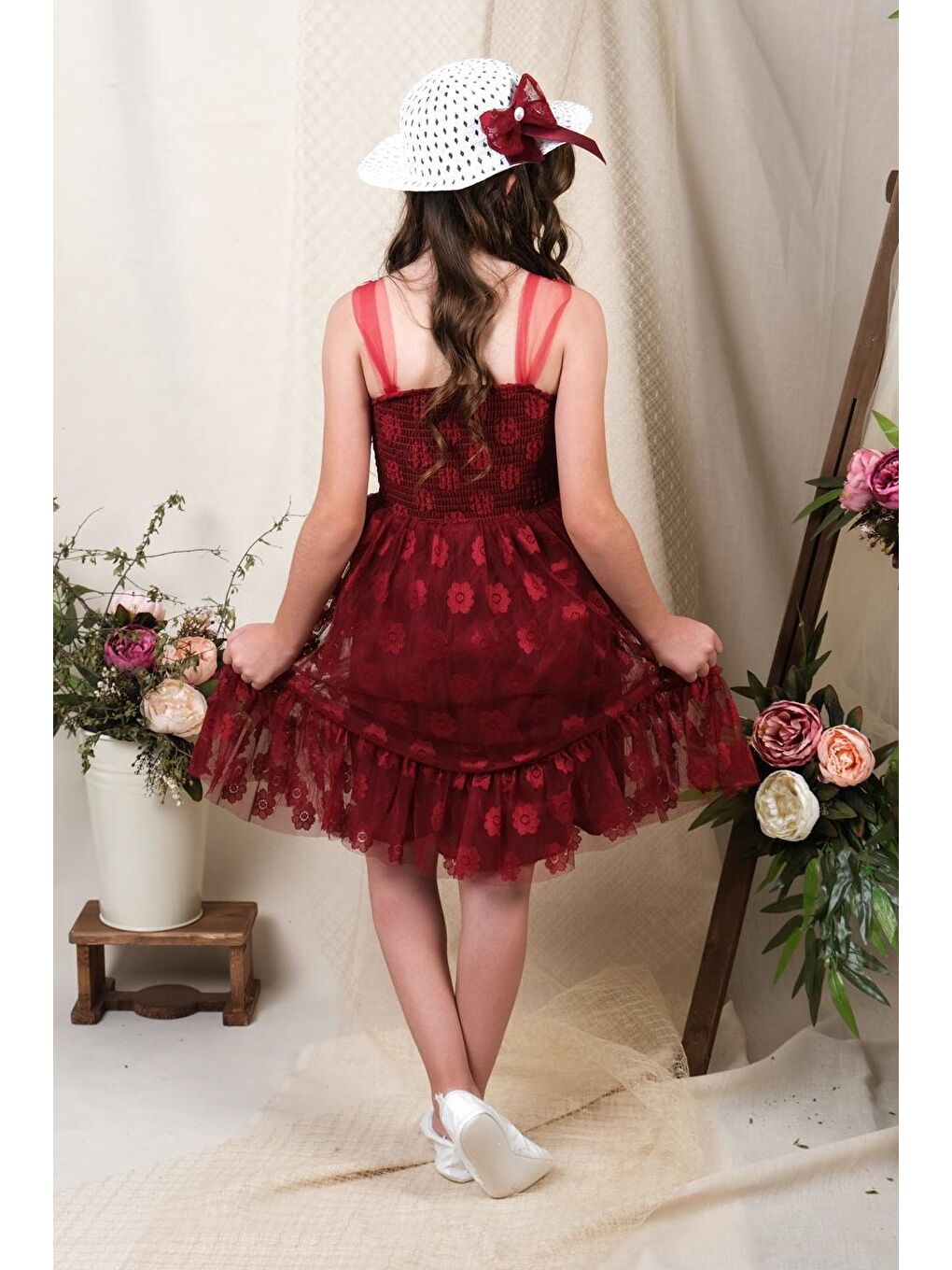Bordo Şapkalı Gipeli Kız Elbise MNK0609-9
