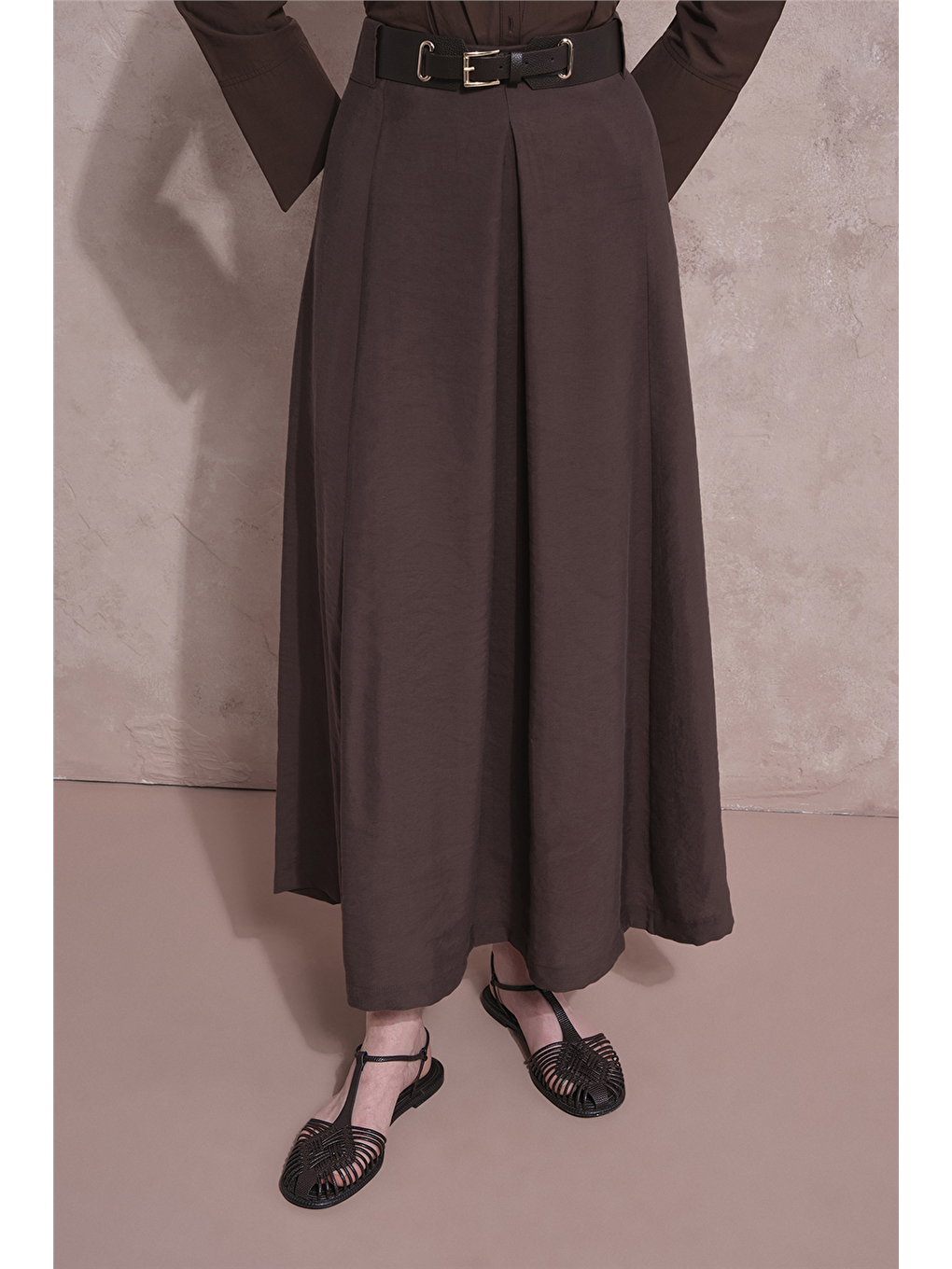 Kahverengi Kemer Detaylı Etek Kakao-2