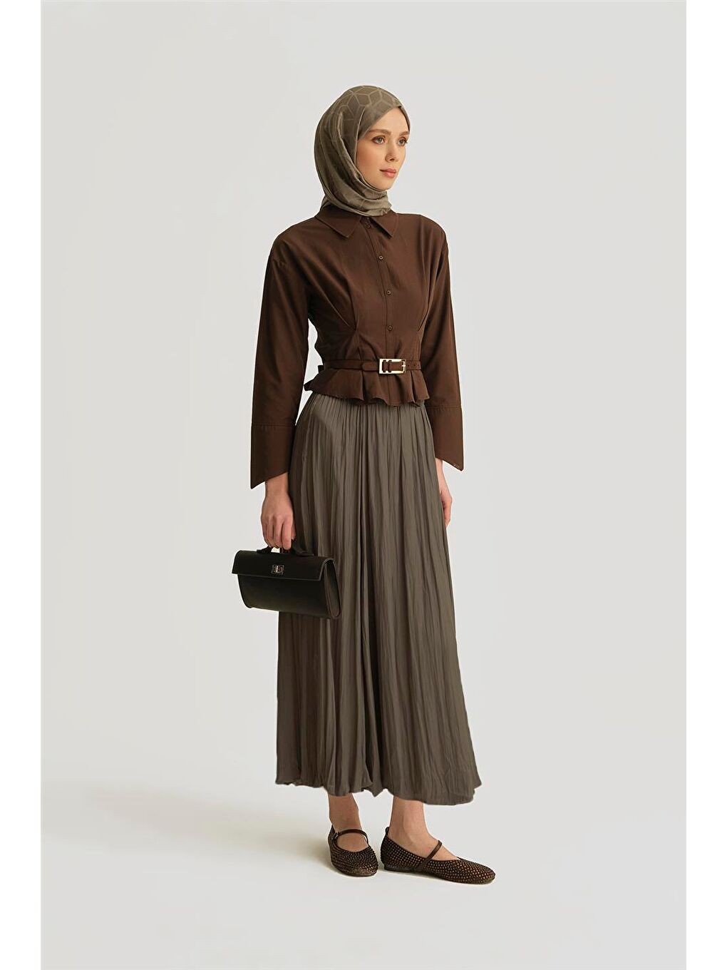 Kırışık Saten Etek 25Yh5601 Haki-1