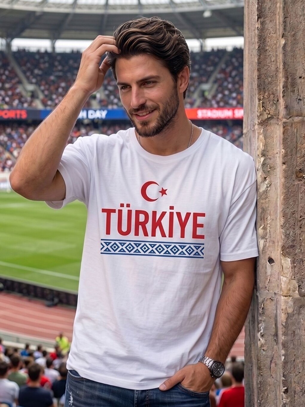 Erkek Beyaz Türkiye Baskı Organik Pamuk Örme Tişört-1