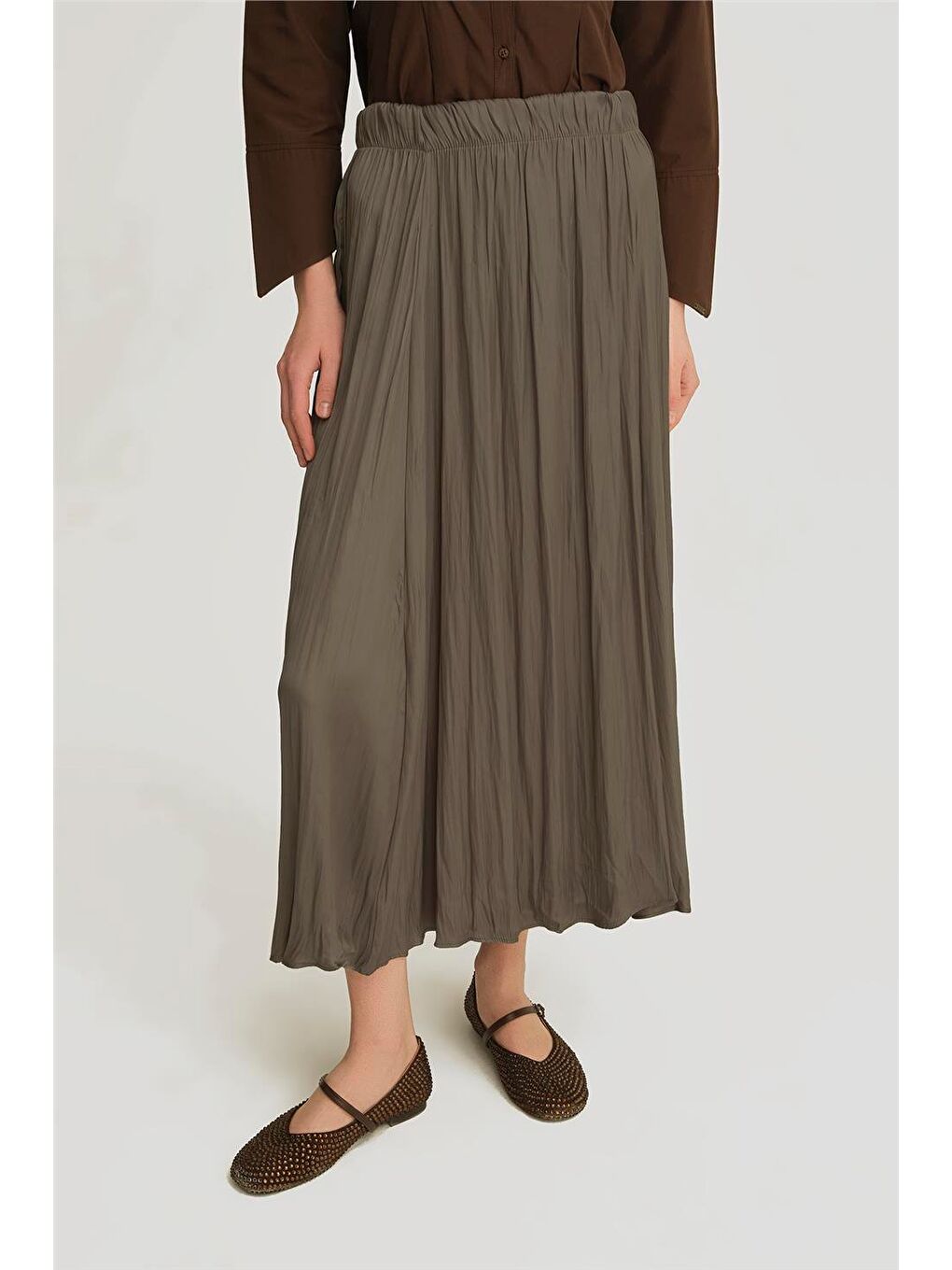 Kırışık Saten Etek 25Yh5601 Haki-2
