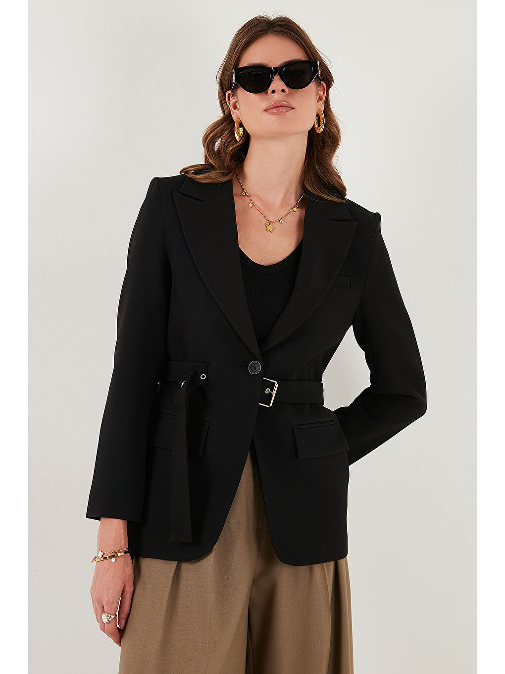 Siyah Regular Fit Kruvaze Yaka Kemerli Blazer Ceket 6839367