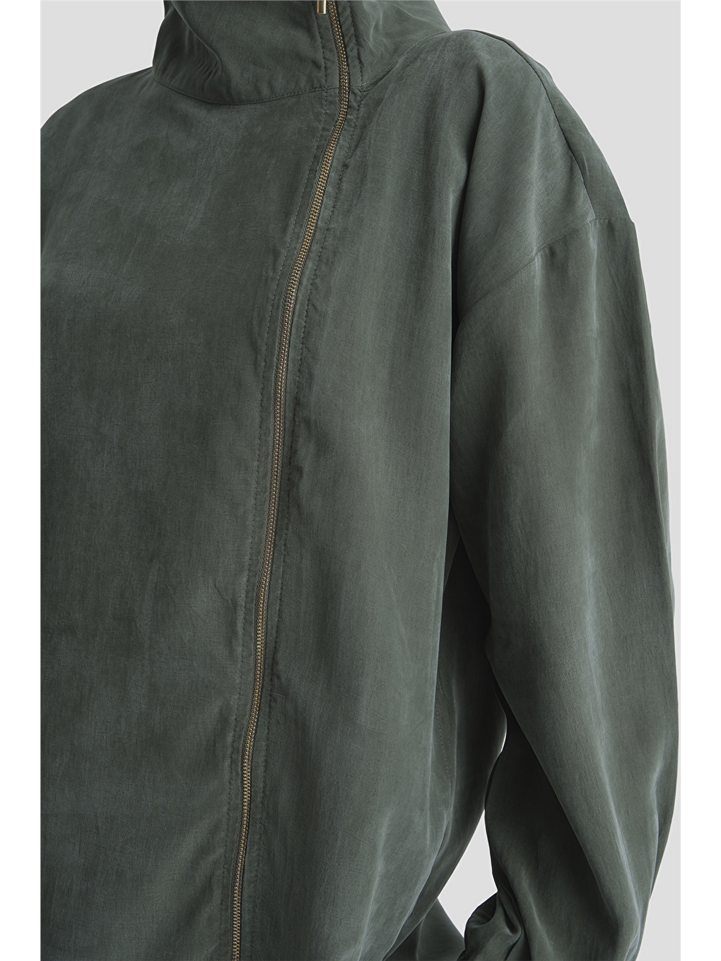 Fermuar Detaylı Lyocell Takım Haki-5