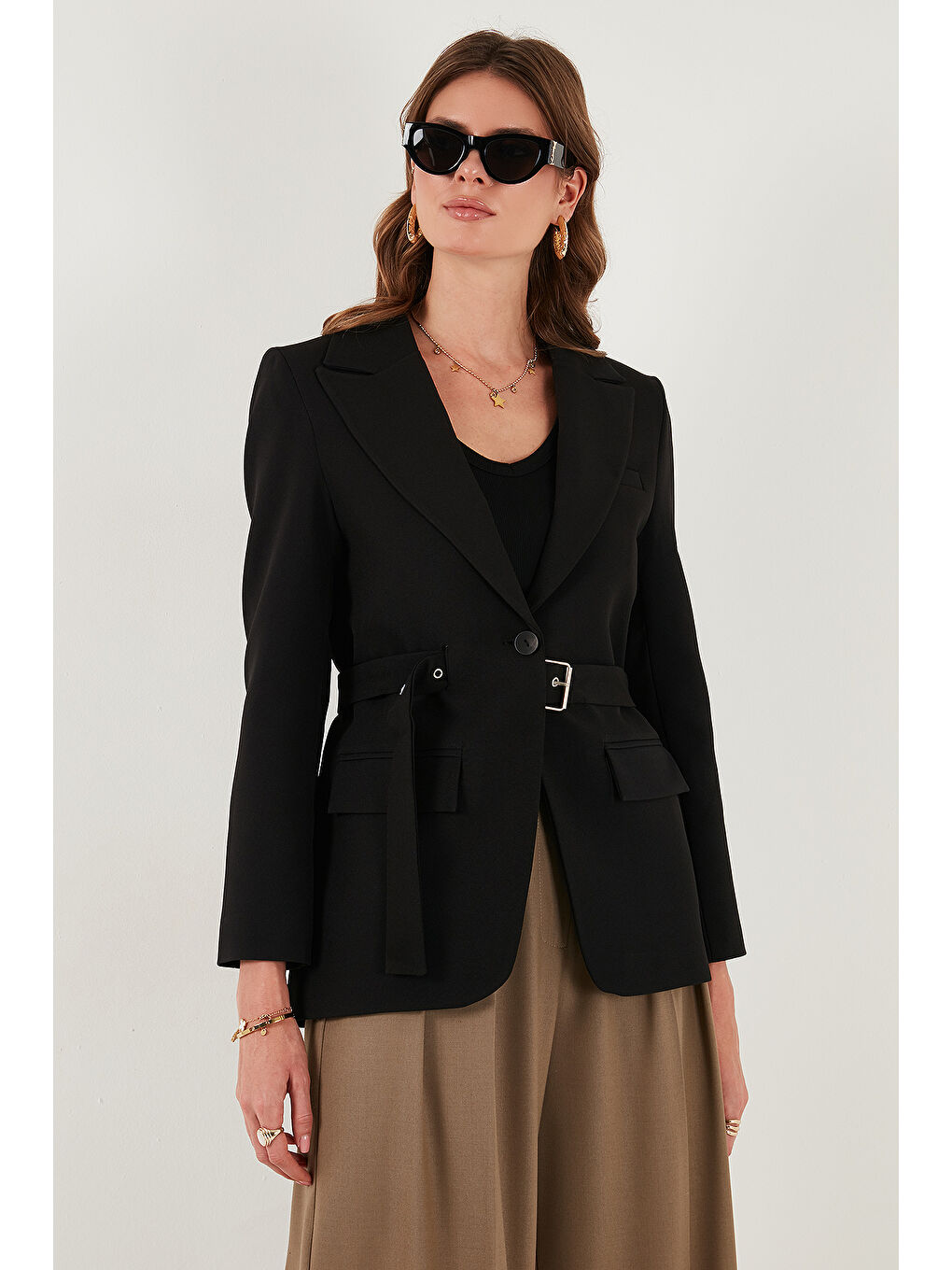 Siyah Regular Fit Kruvaze Yaka Kemerli Blazer Ceket 6839367-2