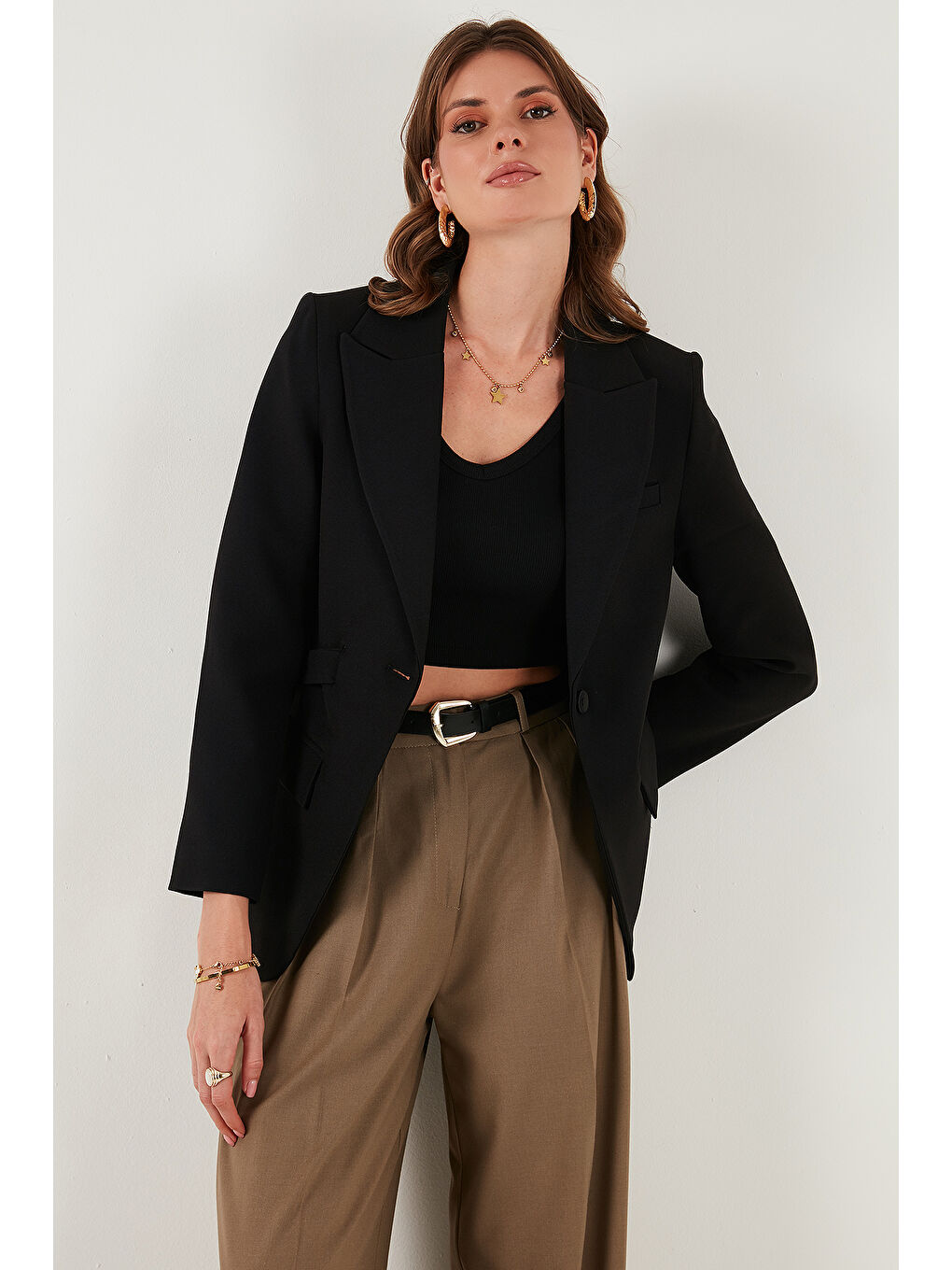 Siyah Regular Fit Kruvaze Yaka Kemerli Blazer Ceket 6839367-3