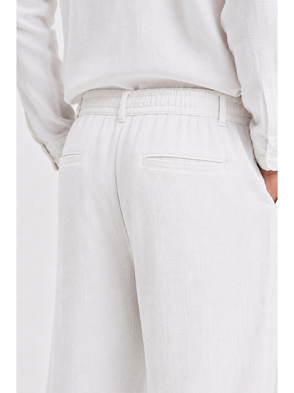 Erkek Beyaz Regular Fit Müslin Pantolon-5