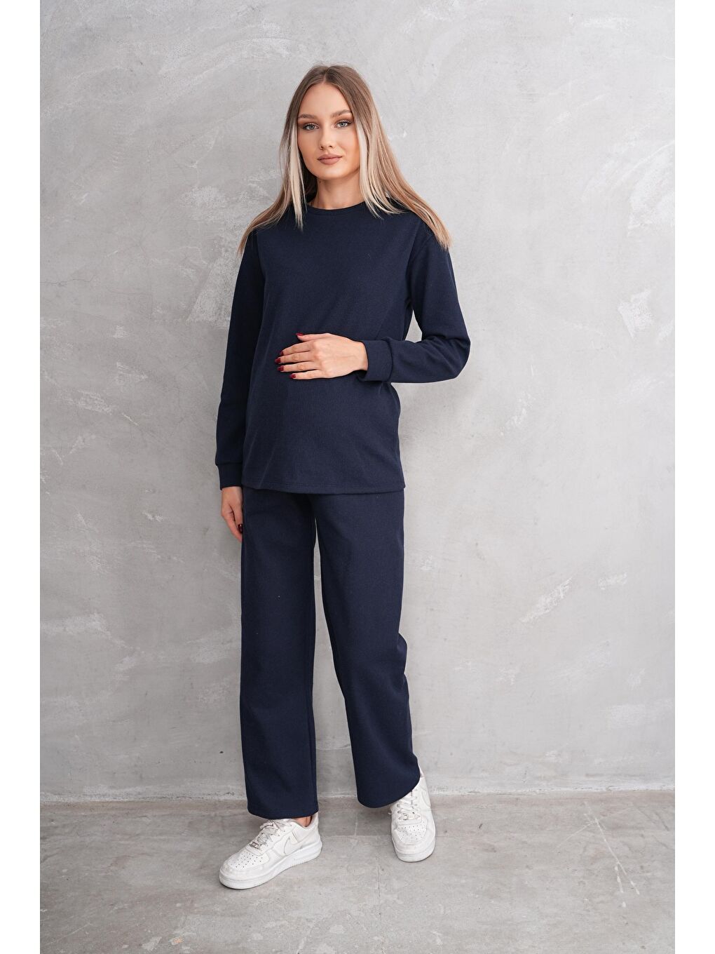 Lacivert Hamile ve Lohusa Bisiklet Yaka Waffle Kumaş Alt Üst Eşofman Takımı