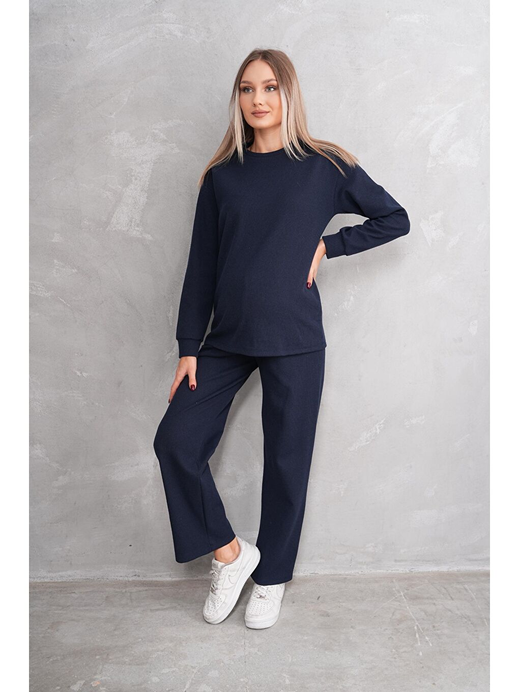 Lacivert Hamile ve Lohusa Bisiklet Yaka Waffle Kumaş Alt Üst Eşofman Takımı-1