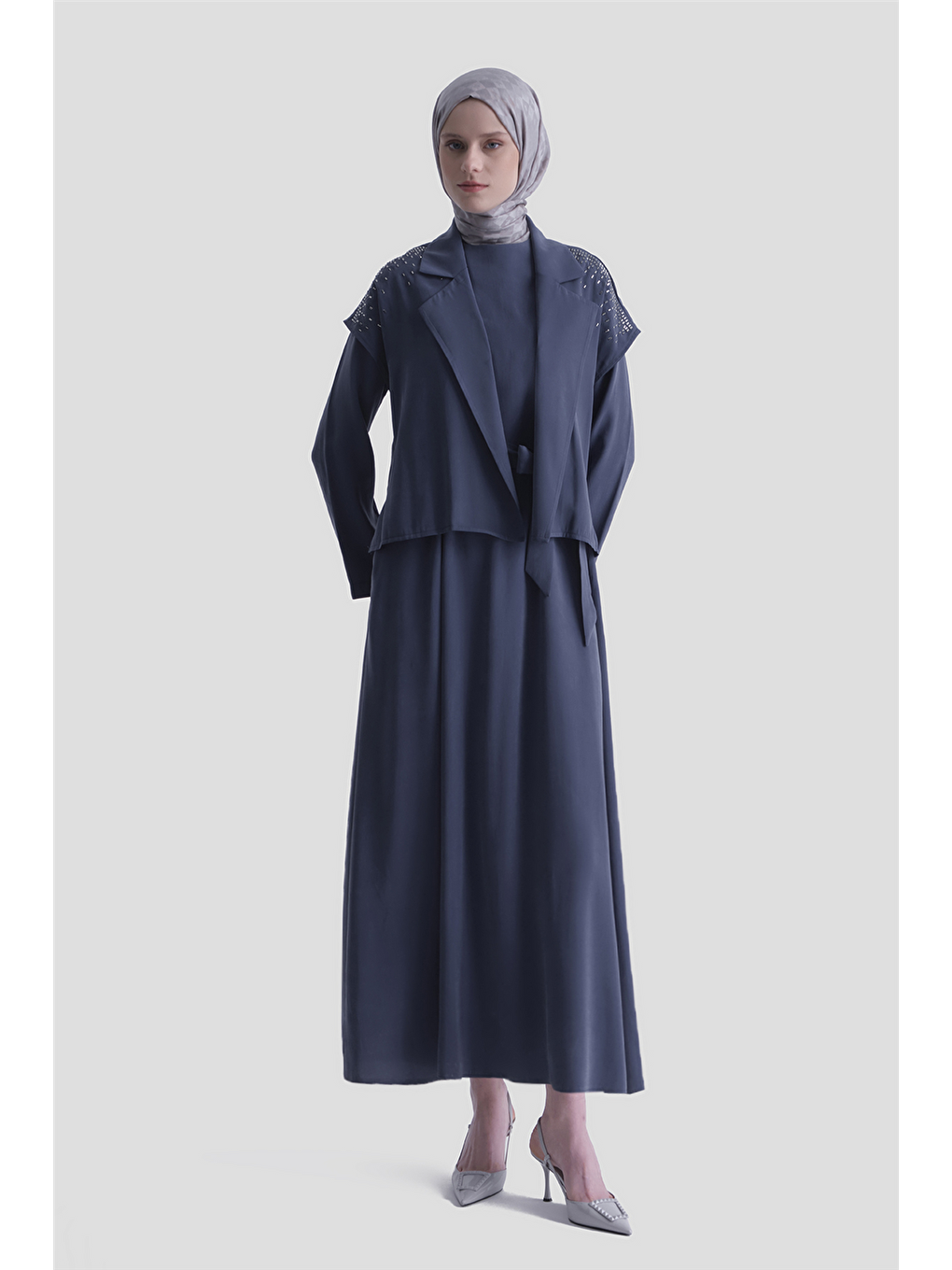 Taş İşlemeli Yelekli Takım Lacivert