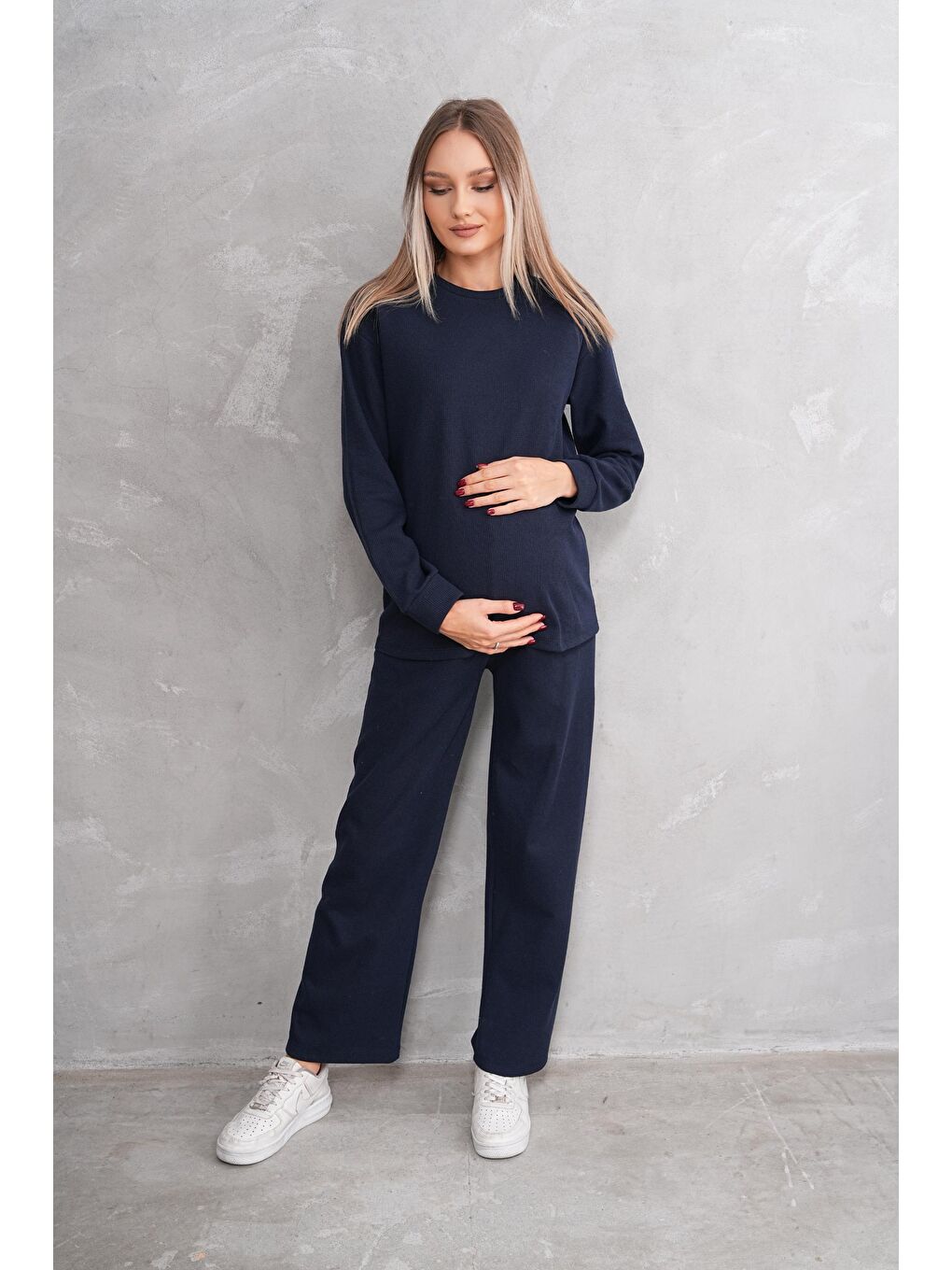Lacivert Hamile ve Lohusa Bisiklet Yaka Waffle Kumaş Alt Üst Eşofman Takımı-2