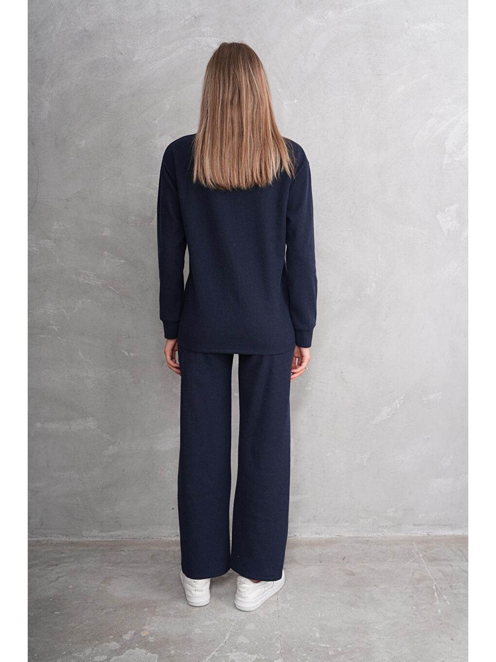 Lacivert Hamile ve Lohusa Bisiklet Yaka Waffle Kumaş Alt Üst Eşofman Takımı-3