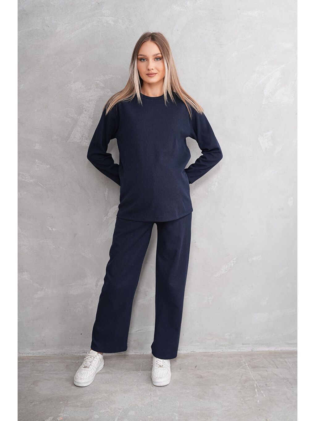 Lacivert Hamile ve Lohusa Bisiklet Yaka Waffle Kumaş Alt Üst Eşofman Takımı-4