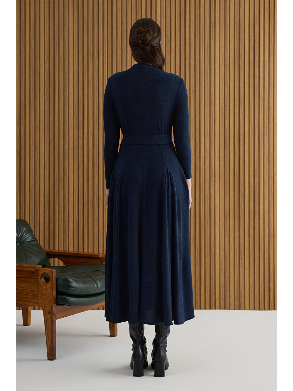 Lacivert Seyyar Kuşaklı ,Kloş Örme Elbise-5