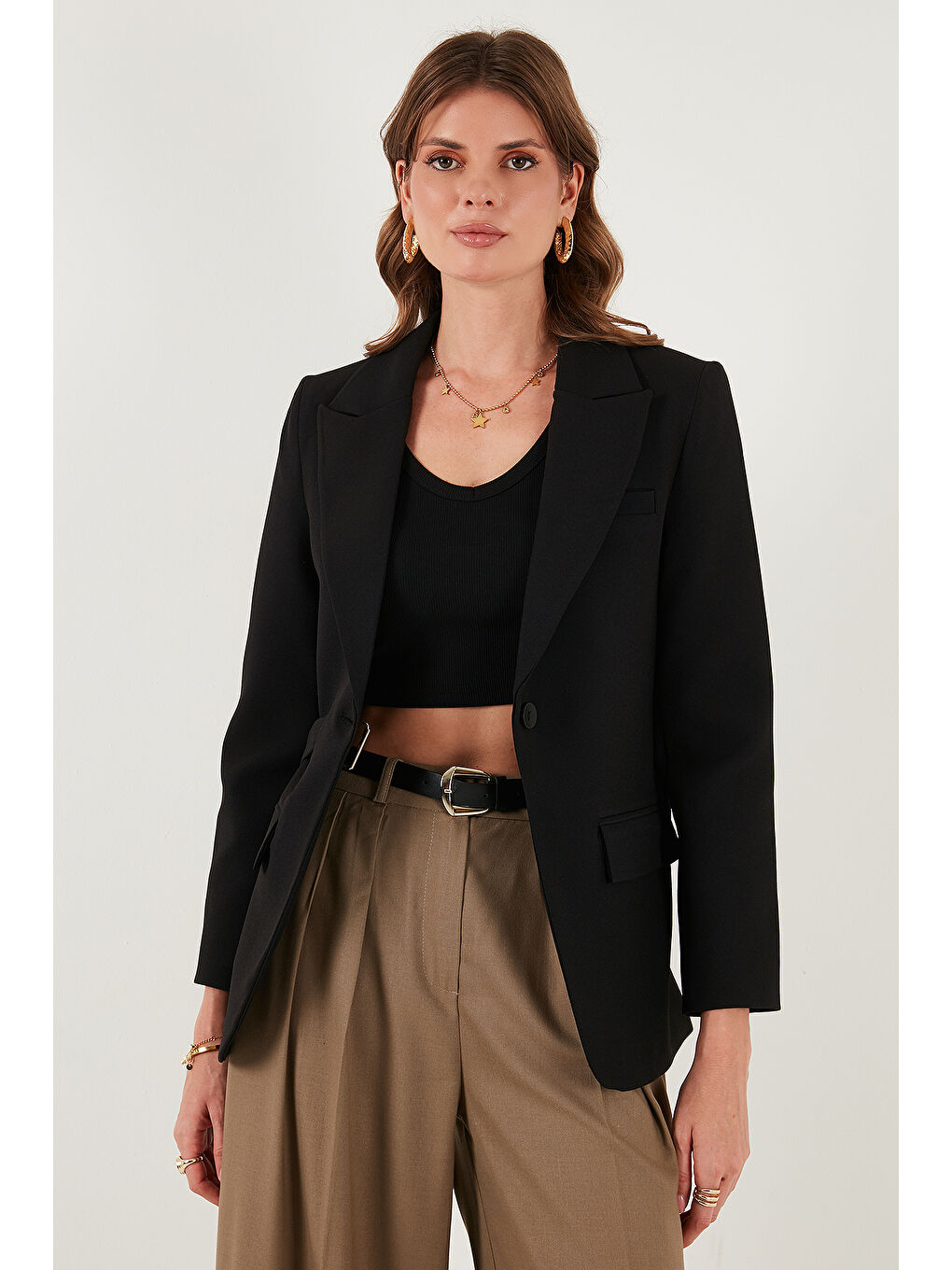 Siyah Regular Fit Kruvaze Yaka Kemerli Blazer Ceket 6839367-4